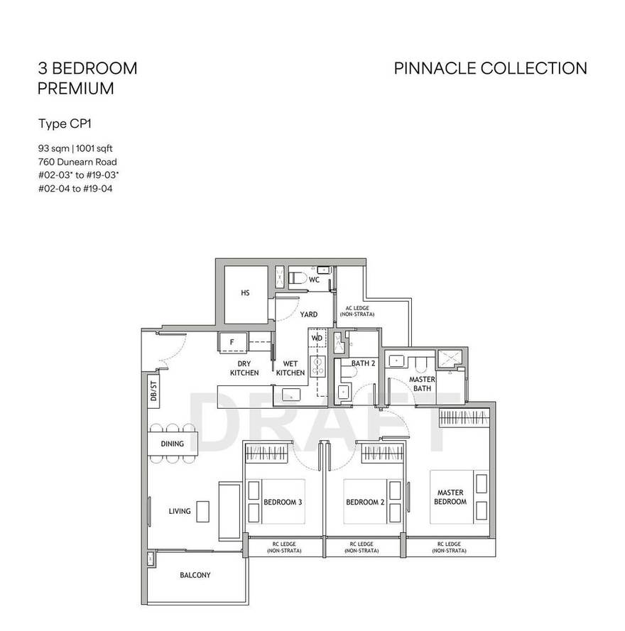 Dunearn House 3 Bedroom Premium CP1 floor plan, 1001 sqft