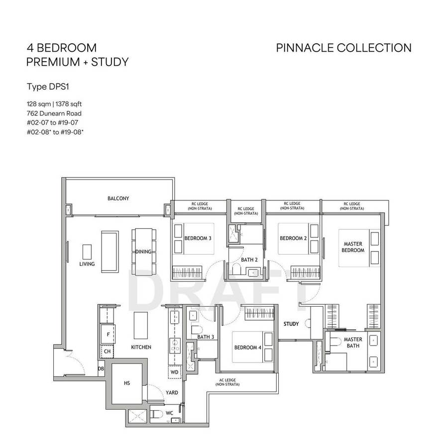 Dunearn House 4 Bedroom Premium Study DPS1 floor plan, 1378 sqft